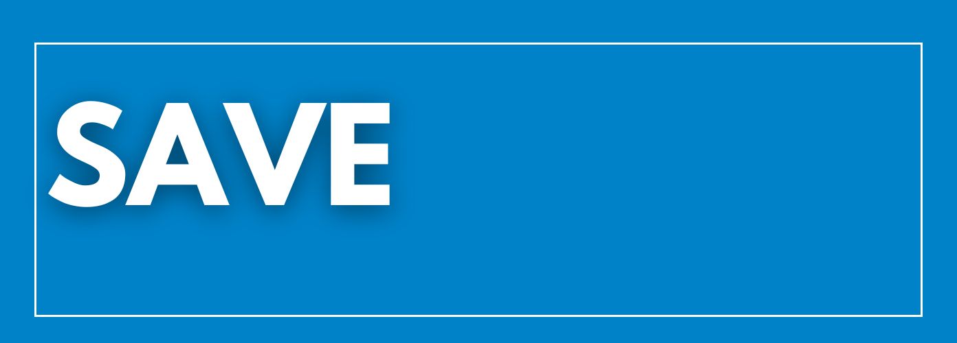 A blue promotional image with the large word SAVE. The text is used by a fall protection equipment manufacturer offering a discount on safety gear.